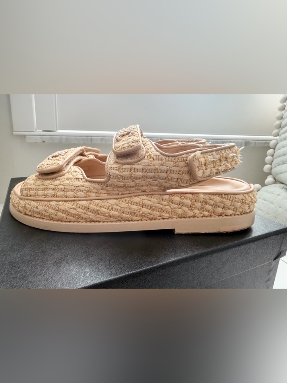 CHANEL Raffia Pearl Dad Sandals 37 Beige 21C CC Logo Velcro - Picture 10 of 16